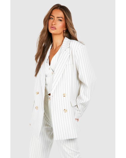 Boohoo White Linen Look Pinstripe Relaxed Fit Blazer