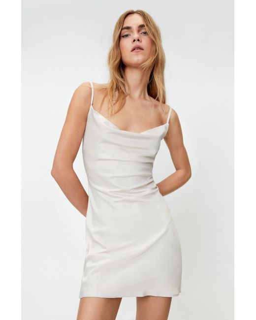 Boohoo Cowl Neck Satin Mini Slip Dress in White | Lyst