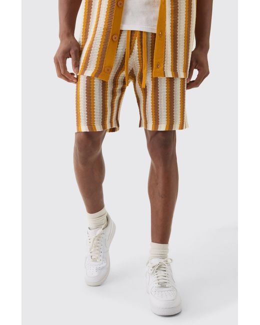 Boohoo Yellow Relaxed Open Stitch Stripe Knit Short In Mustard