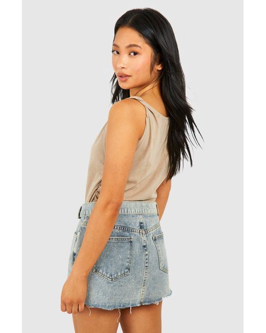 Boohoo Blue Petite Twisted Shoulder Ruched Cotton Top