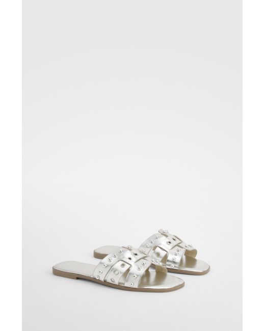Boohoo White Wide Fit Metallic Studded Woven Sandals