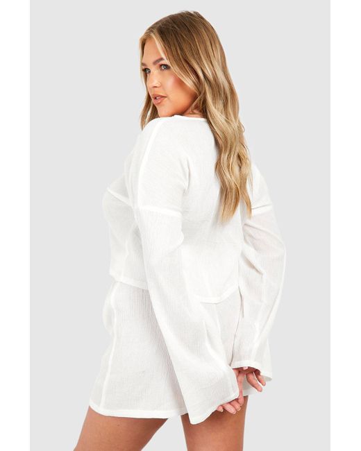 Boohoo White Plus Flare Sleeve And Button Front Loungewear Short Set