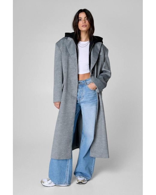 Nasty Gal Blue Wool Blend Hooded Insert Boyfriend Coat