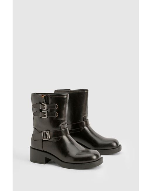 Boohoo Black Vintage Style Buckle Detail Biker Boot