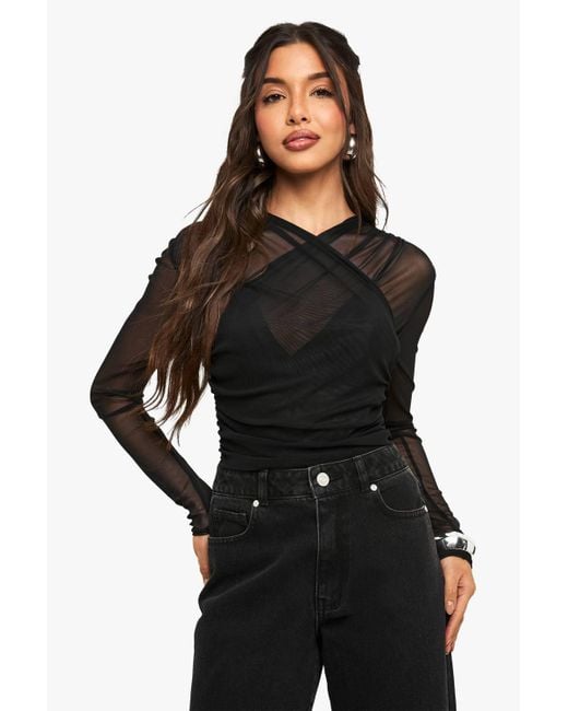 Boohoo Black Mesh Cross Over One Piece