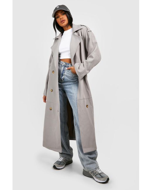 Boohoo Gray Double Breasted Trench Belted Trench Coat