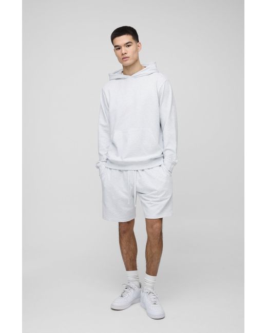 BoohooMAN White Lightweight Basic Regular Fit Over The Head Hoodie And Relaxed Jersey Short Set for men
