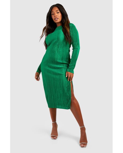 Boohoo Green Plus Plisse Split Long Sleeve Midi Dress