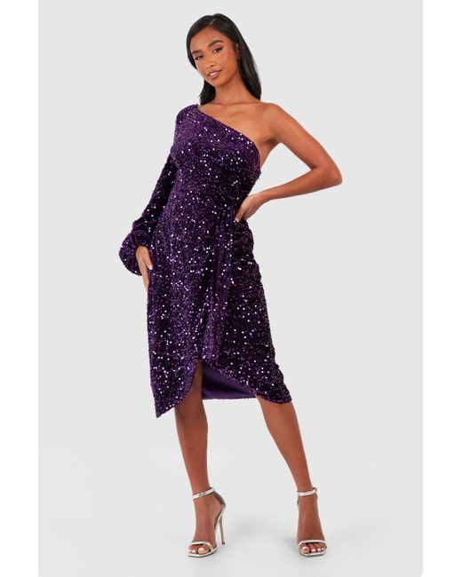 Boohoo Purple Petite Velvet Sequin Asymmetric Wrap Midi Dress