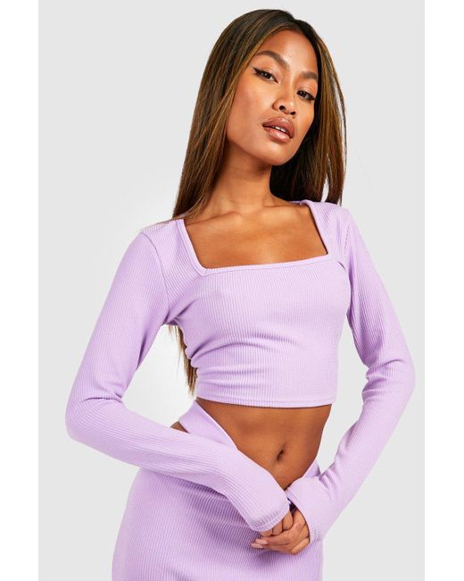 Boohoo Ribbed Square Neck Long Sleeve Cropped Top in White | Lyst UK
