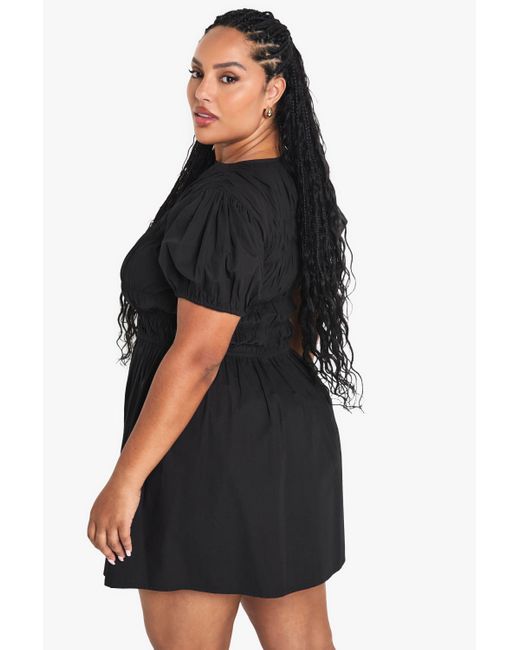 Vestido Plus Skater De Algodón Fruncido Boohoo de color Black