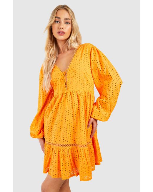 Boohoo Orange Broderie V Neck Mini Dress