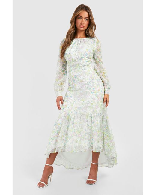 Boohoo White Floral Drop Hem Rouched Maxi Dress