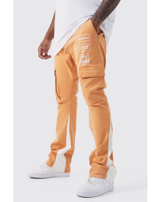 BoohooMAN Orange Plus Fixed Waist Skinny Stacked Flare Moto Cargo Trouser for men