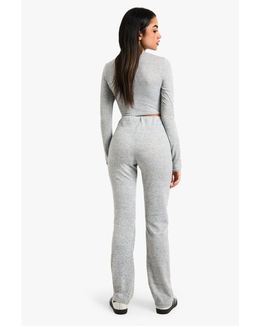 Boohoo Gray Melange Rib Ruched Top And Flare Trouser Set