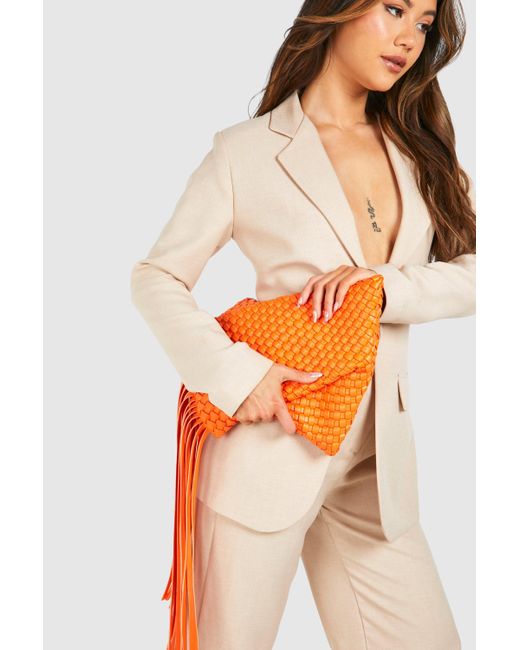 Boohoo Orange Woven Fringe Edge Clutch Bag