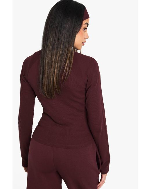 Boohoo Red Ribbed Zip Through Sweatshirt