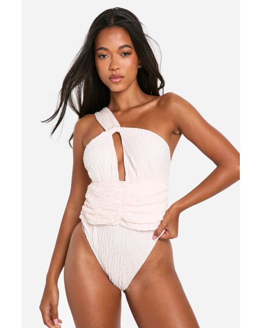 Boohoo White Textured One Shoulder Cut Out Bathing Suit