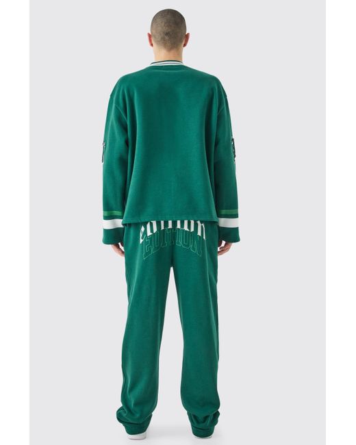 BoohooMAN Oversized Varsity Applique V Neck Sweatshirt Tracksuit in Green für Herren