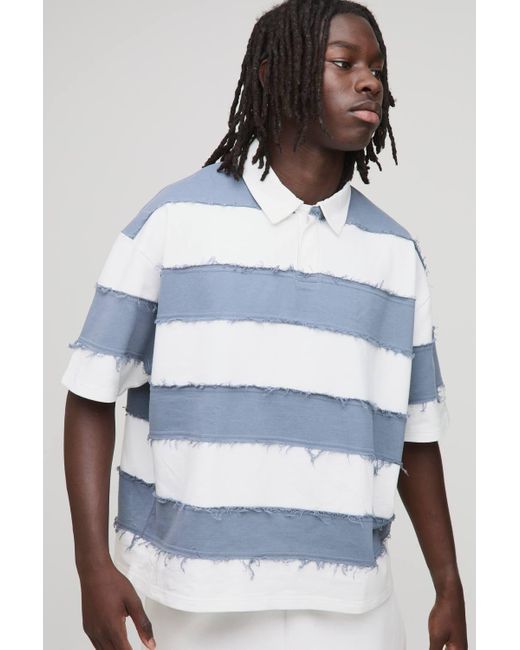 Boohoo Blue Oversized Boxy Distressed Short Sleeve Rugby Polo