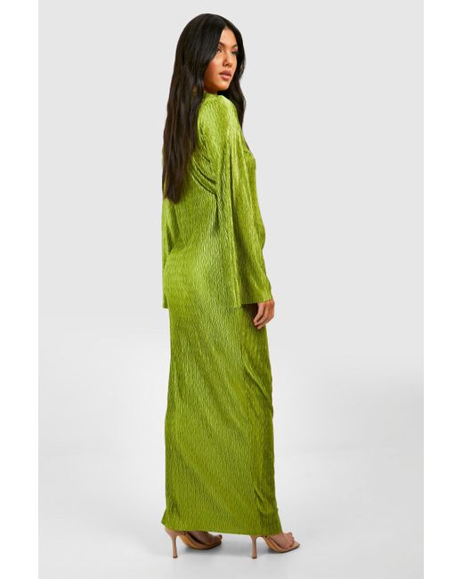 Boohoo Green Maternity Wave Plisse Flared Sleeve Column Maxi Dress