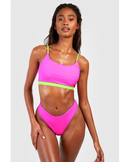 Boohoo Neon Colour Block Scoop Bikini Set in Pink | Lyst