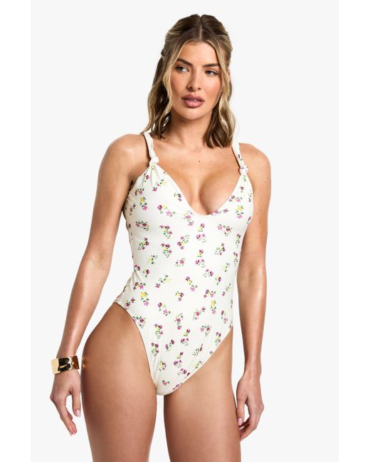 Bañador Con Nudo Y Estampado Boohoo de color White
