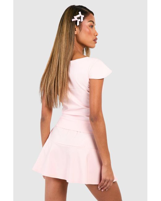 Boohoo Pink Flared Shoulder Crop & Pep Hem Mini Skirt