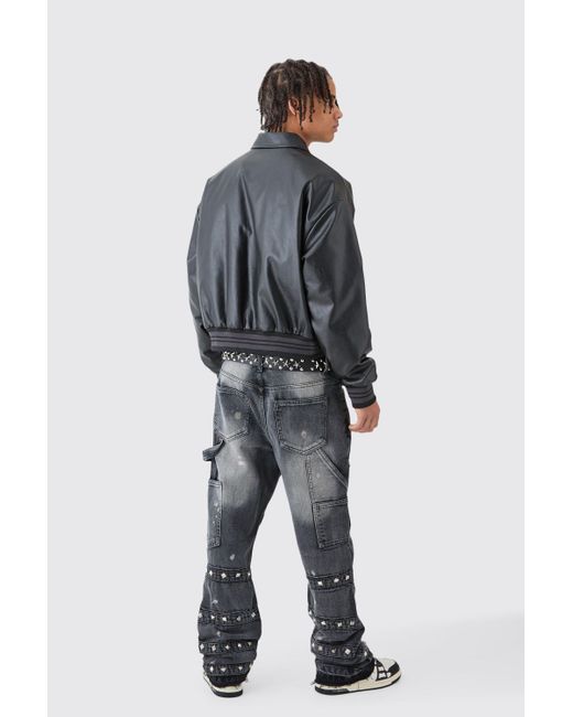 BoohooMAN Tall Slim Rigid Flare Embellished Strap Detail Jeans in Black für Herren