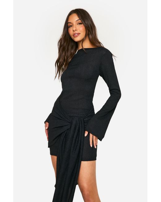 Boohoo Black Texture Wrap Tie Front Mini Dress