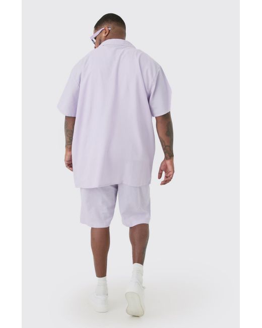Boohoo Purple Plus Oversized Linen Drop Revere Shirt & Short Set In Lilac