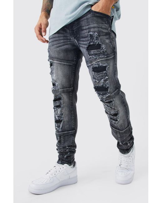 BoohooMAN Blue Skinny Stretch All Over Rip & Repair Jeans for men
