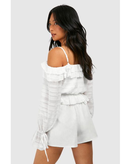 Boohoo White Pettie Ruffle Detail Off The Shoulder Top