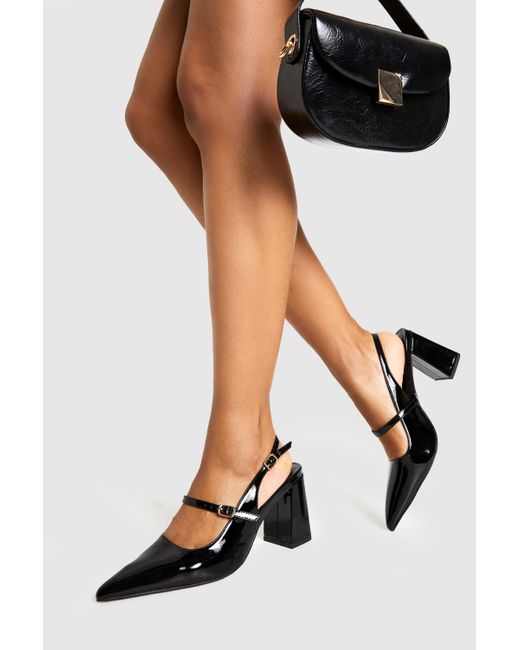 Boohoo Black Wide Fit Buckle Detail Block Heeled Court Shoes