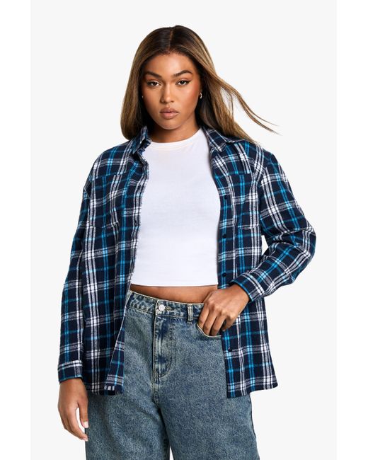 Boohoo Blue Plus Checked Oversized Shirt