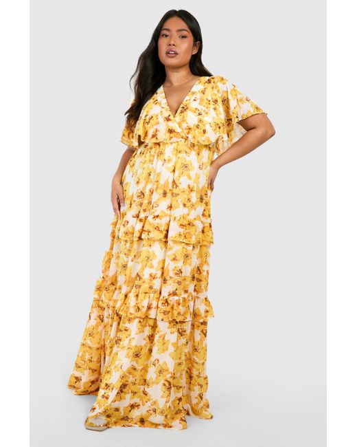 Boohoo Metallic Plus Floral Print Angel Sleeve Maxi Dress