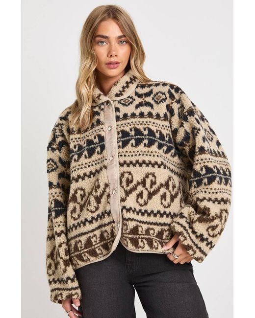 Boohoo Brown Aztec Printed Teddy Button Up Jacket