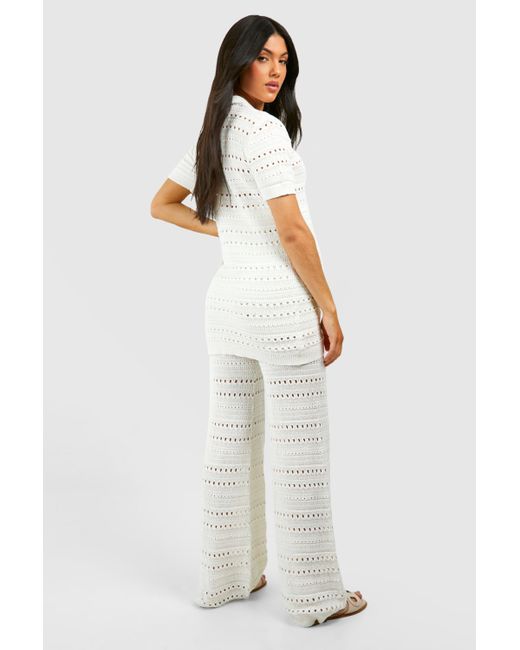 Boohoo White Maternity Crochet Knitted Shirt And Wide Leg Trouser Co-ord