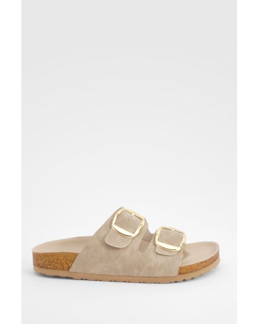 Boohoo Natural Wide Fit Oversized Buckle Double Strap Footbed Sliders