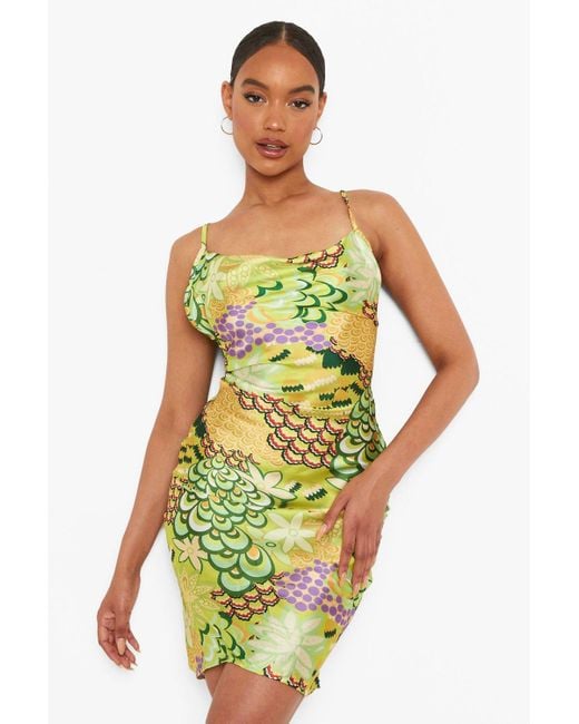 satin floral cowl flute hem slip dress