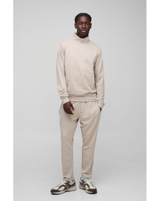 BoohooMAN Gray Lightweight Basic Regular Fit Quarter Zip Sweatshirt And Relaxed Tapered Jogger Set for men