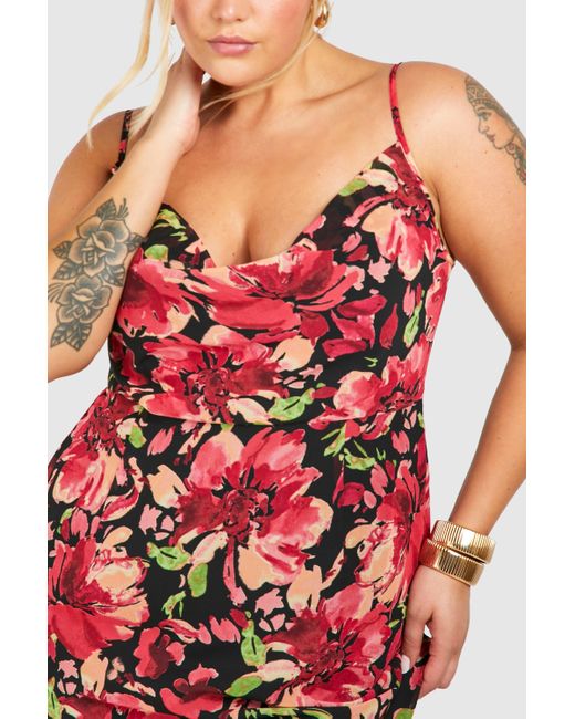 Plus Floral Printed Maxi Slip Dress Boohoo de color Red