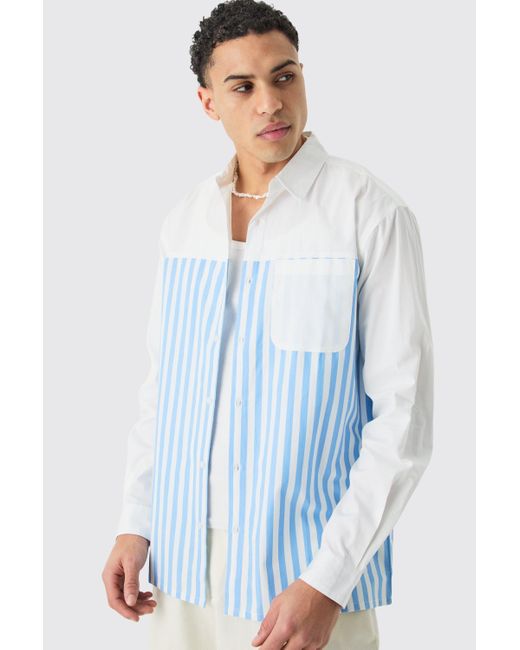 BoohooMAN Oversized Long Sleeve Poplin Panel Stripe Shirt in White für Herren