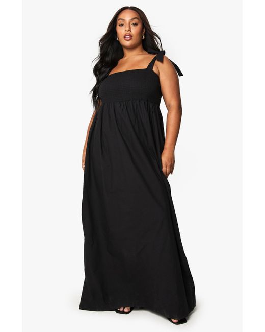 Boohoo Black Plus Cotton Poplin Tie Shoulder Maxi Dress