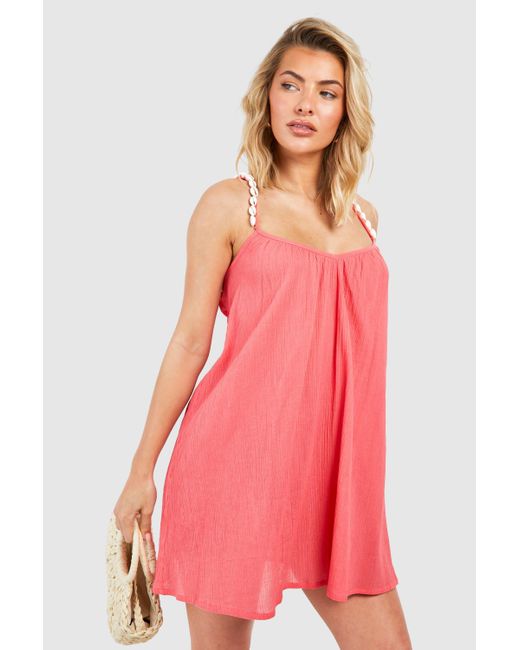 Boohoo Pink Crinkle Shell Straps Beach Mini Dress