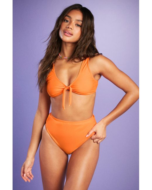 Boohoo Orange Mix & Match Tie Plunge Bikini Top