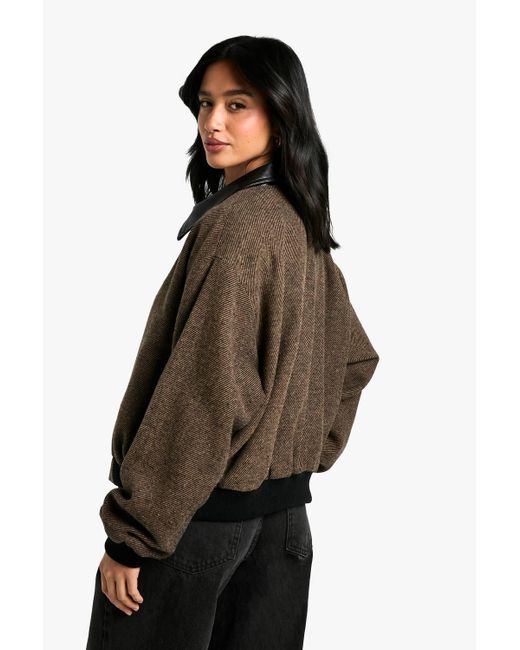 Boohoo Black Petite Pu Trim Wool Look Bomber Jacket