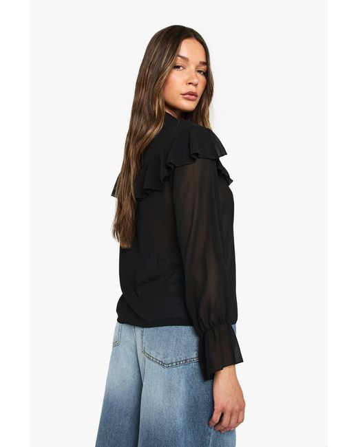 Boohoo Black Ruffle Blouse