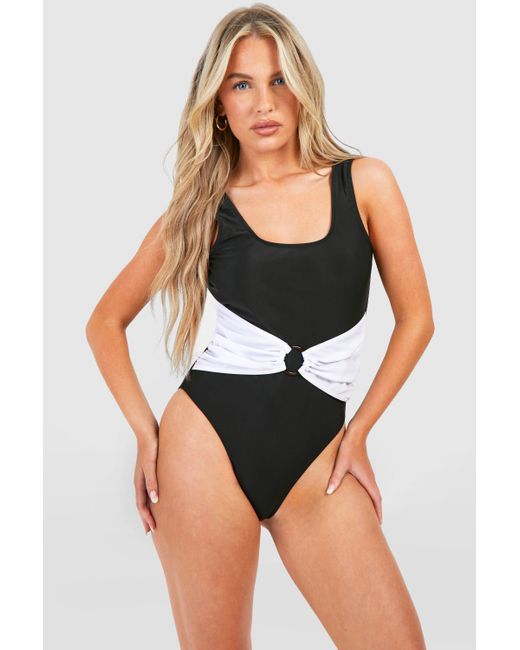 Boohoo Blue Tummy Control Colour Block O-ring Scoop Bathing Suit