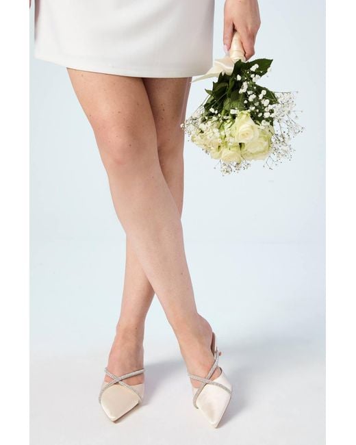 Coast White Bridal Shona Satin Diamante Cross Strap Kitten Heel Mules